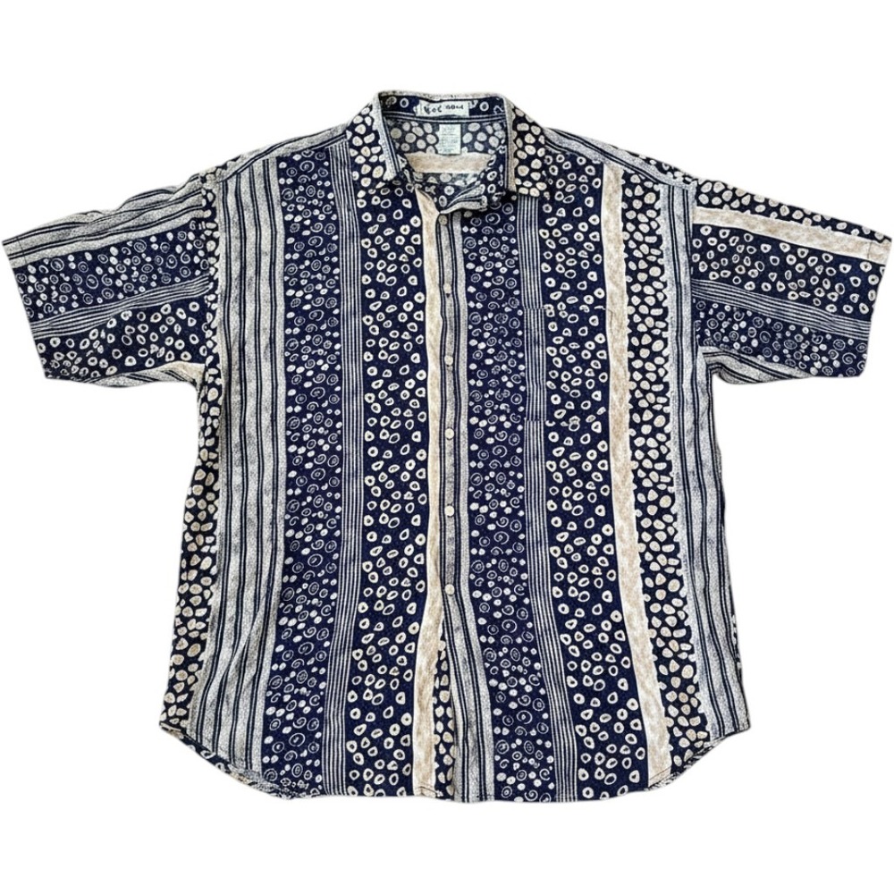 Men Kikomo XL Shirt Button Up Navy Cream Polka Dot Rayon Beachy Striped Hobo